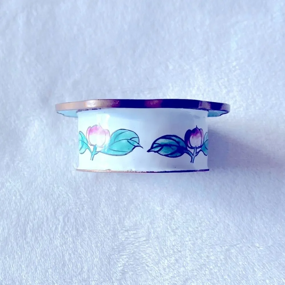 Vtg 60s Cloisonne Enamel Flower Trinket Box Brass Rim China